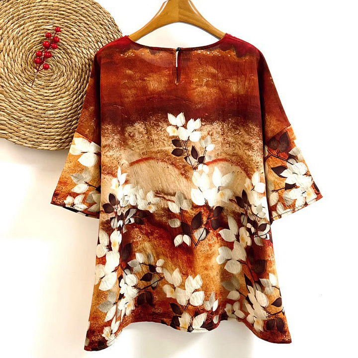 Buddha Stones Lässiges bedrucktes Blattpflanzen-T-Shirt für Damen mit Rundhalsausschnitt und halblangen Ärmeln aus Polyester