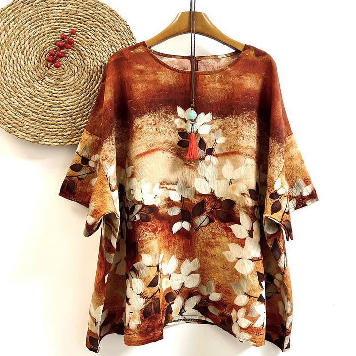 Buddha Stones Lässiges bedrucktes Blattpflanzen-T-Shirt für Damen mit Rundhalsausschnitt und halblangen Ärmeln aus Polyester