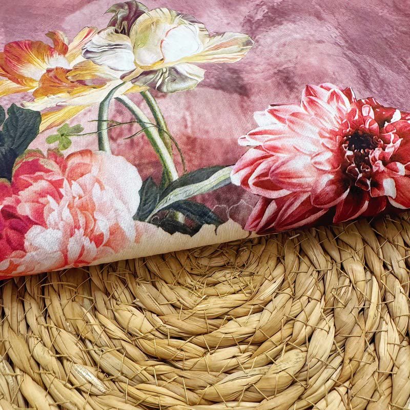 Buddha Stones Lässiges bedrucktes Polyester-T-Shirt mit verschiedenen Blütenblättern, Dahlie und Pfingstrose, Rundhalsausschnitt, halblange Ärmel