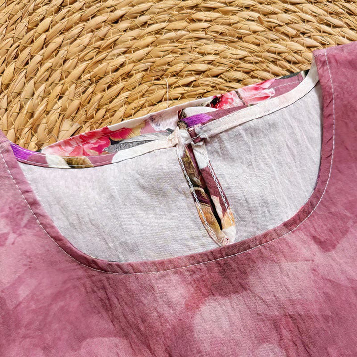 Buddha Stones Lässiges bedrucktes Polyester-T-Shirt mit verschiedenen Blütenblättern, Dahlie und Pfingstrose, Rundhalsausschnitt, halblange Ärmel