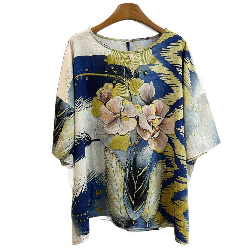Buddha Stones Lässiges Blumenblätter-Feder-Damen-T-Shirt mit Rundhalsausschnitt und halblangen Ärmeln aus Polyester