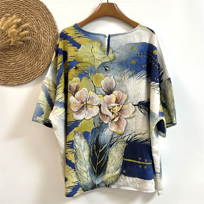 Buddha Stones Lässiges Blumenblätter-Feder-Damen-T-Shirt mit Rundhalsausschnitt und halblangen Ärmeln aus Polyester