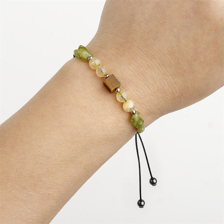 Buddha Stones Find Your Joy Peridot Citrin Tigerauge Peace Rope Armband