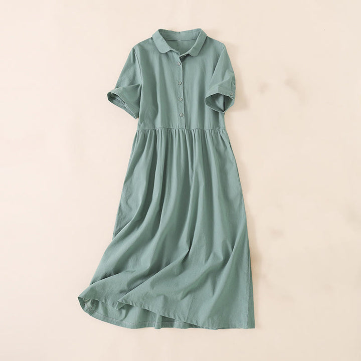 Buddha Stones Sommer-Knopf-Design, kurzärmeliges Midikleid aus Baumwolle und Leinen mit Taschen