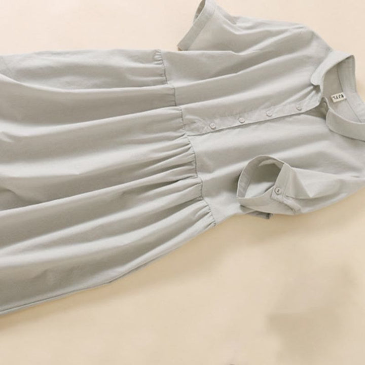 Buddha Stones Sommer-Knopf-Design, kurzärmeliges Midikleid aus Baumwolle und Leinen mit Taschen