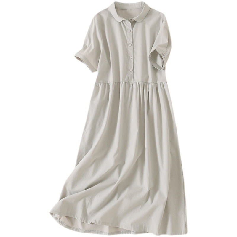 Buddha Stones Sommer-Knopf-Design, kurzärmeliges Midikleid aus Baumwolle und Leinen mit Taschen