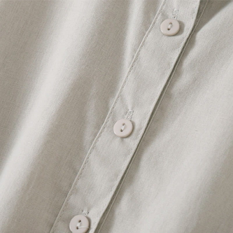 Buddha Stones Sommer-Knopf-Design, kurzärmeliges Midikleid aus Baumwolle und Leinen mit Taschen