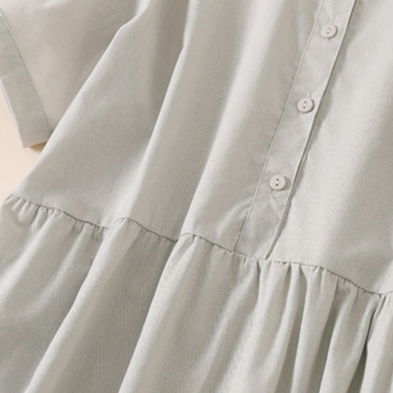 Buddha Stones Sommer-Knopf-Design, kurzärmeliges Midikleid aus Baumwolle und Leinen mit Taschen