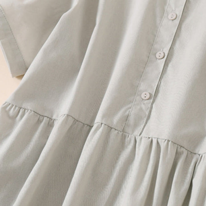 Buddha Stones Sommer-Knopf-Design, kurzärmeliges Midikleid aus Baumwolle und Leinen mit Taschen