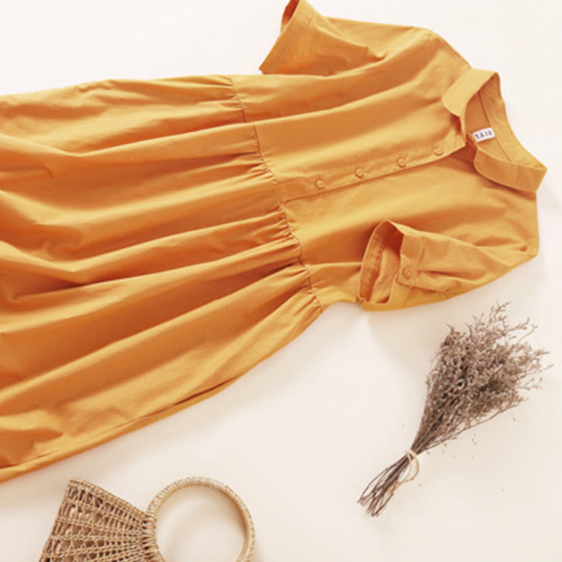 Buddha Stones Sommer-Knopf-Design, kurzärmeliges Midikleid aus Baumwolle und Leinen mit Taschen