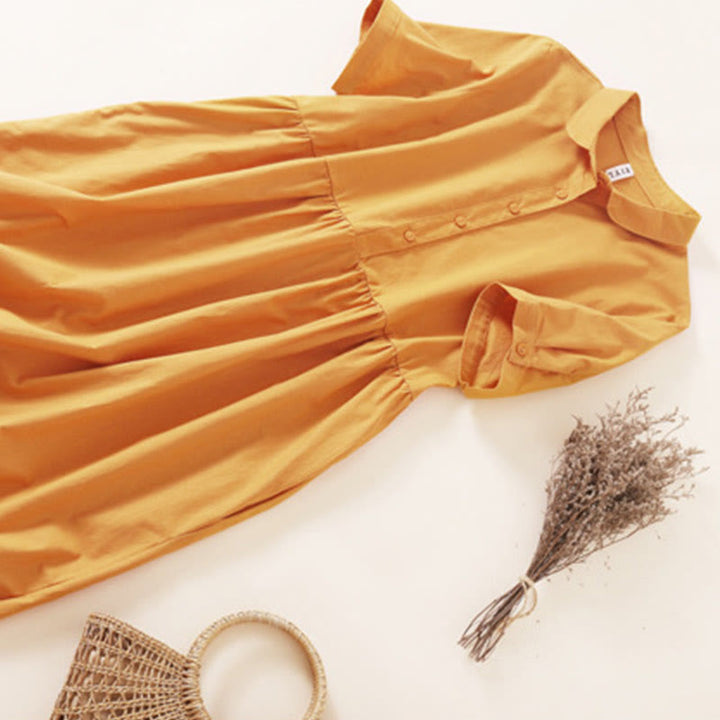 Buddha Stones Sommer-Knopf-Design, kurzärmeliges Midikleid aus Baumwolle und Leinen mit Taschen