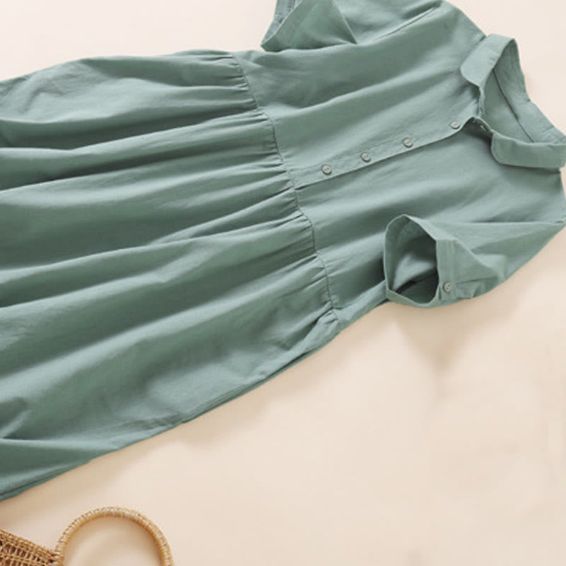 Buddha Stones Sommer-Knopf-Design, kurzärmeliges Midikleid aus Baumwolle und Leinen mit Taschen