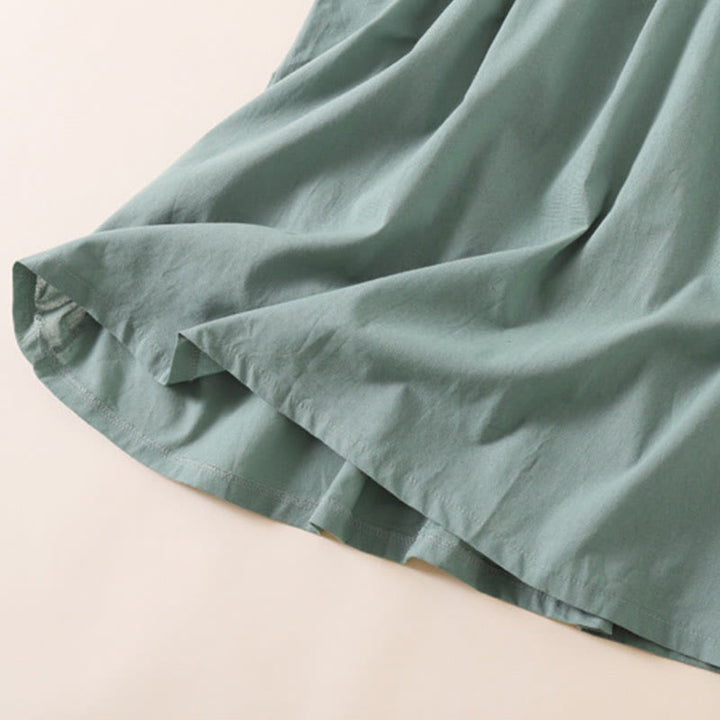 Buddha Stones Sommer-Knopf-Design, kurzärmeliges Midikleid aus Baumwolle und Leinen mit Taschen