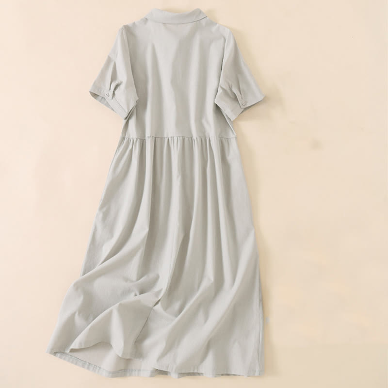 Buddha Stones Sommer-Knopf-Design, kurzärmeliges Midikleid aus Baumwolle und Leinen mit Taschen