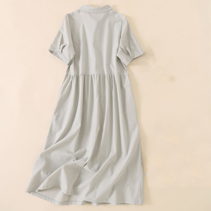 Buddha Stones Sommer-Knopf-Design, kurzärmeliges Midikleid aus Baumwolle und Leinen mit Taschen