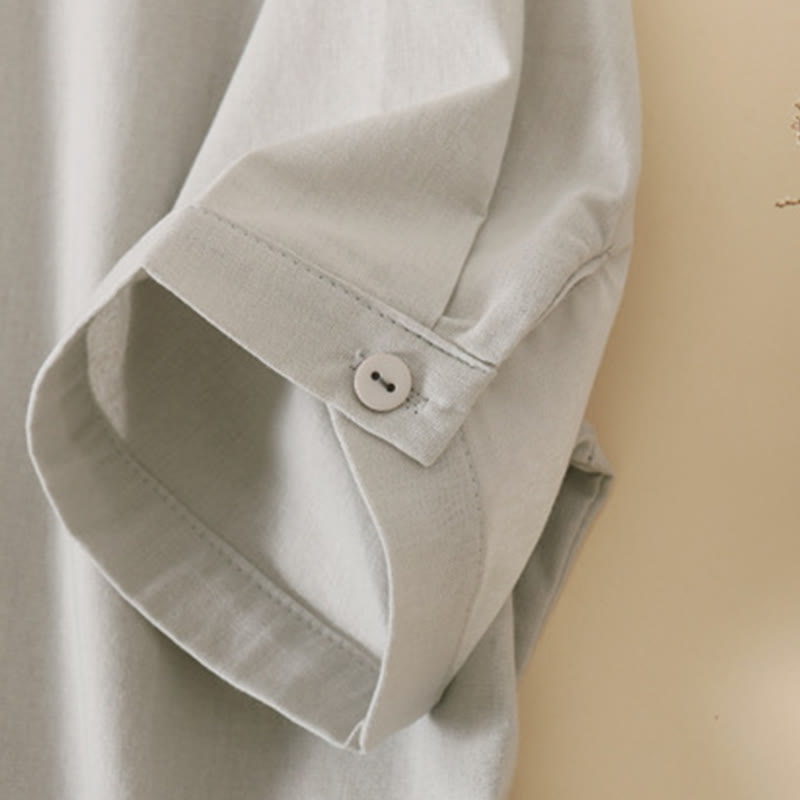 Buddha Stones Sommer-Knopf-Design, kurzärmeliges Midikleid aus Baumwolle und Leinen mit Taschen