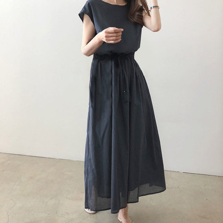 Buddha Stones Lässiges Midikleid aus Baumwolle und Leinen mit orientalischer Taille und Kordelzug