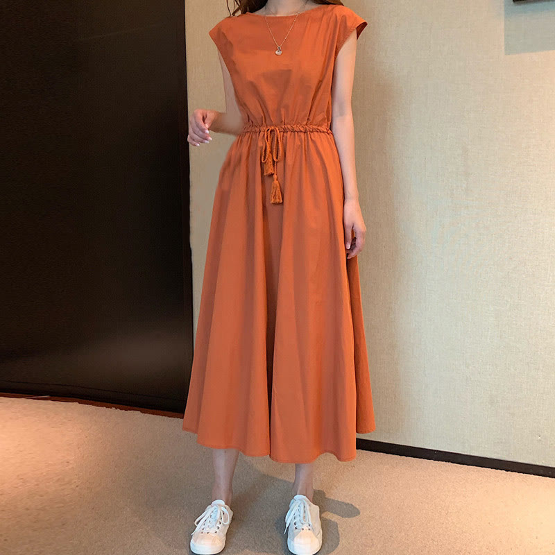 Buddha Stones Lässiges Midikleid aus Baumwolle und Leinen mit orientalischer Taille und Kordelzug