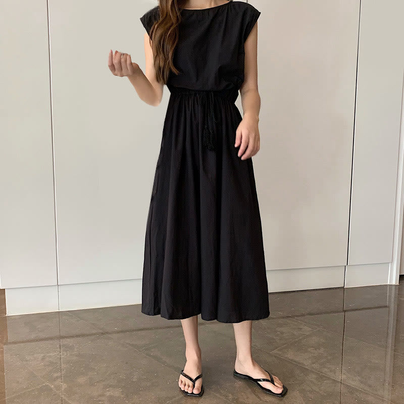 Buddha Stones Lässiges Midikleid aus Baumwolle und Leinen mit orientalischer Taille und Kordelzug