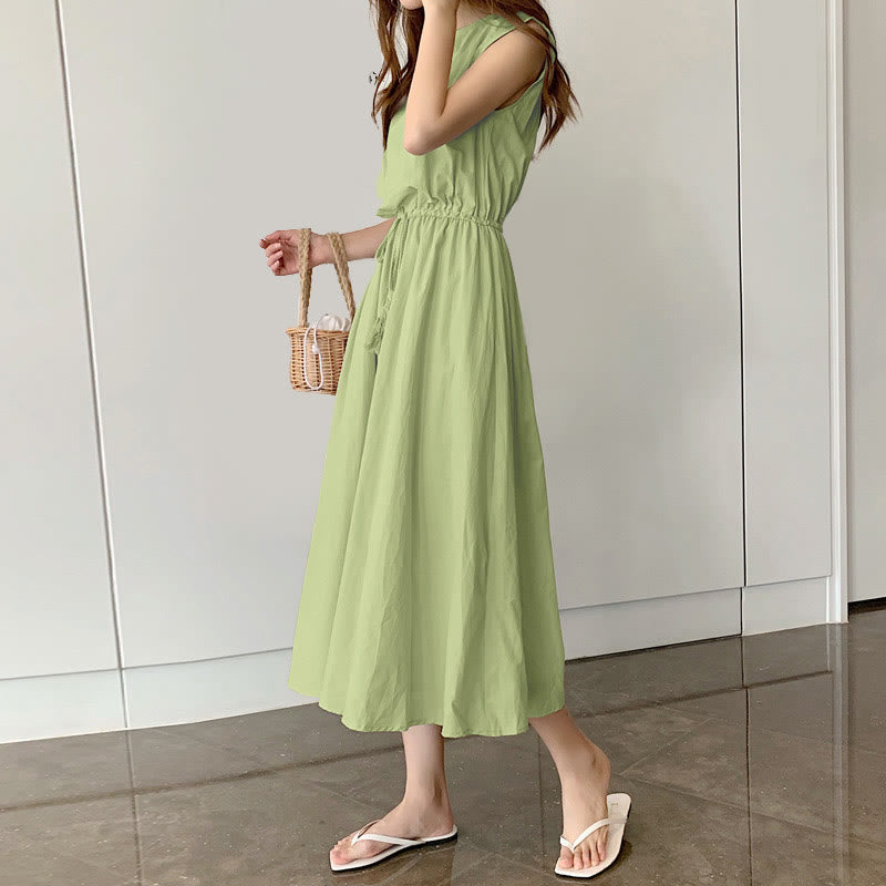 Buddha Stones Lässiges Midikleid aus Baumwolle und Leinen mit orientalischer Taille und Kordelzug