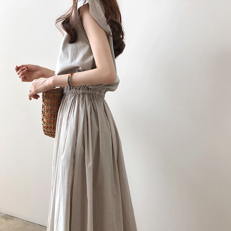 Buddha Stones Lässiges Midikleid aus Baumwolle und Leinen mit orientalischer Taille und Kordelzug