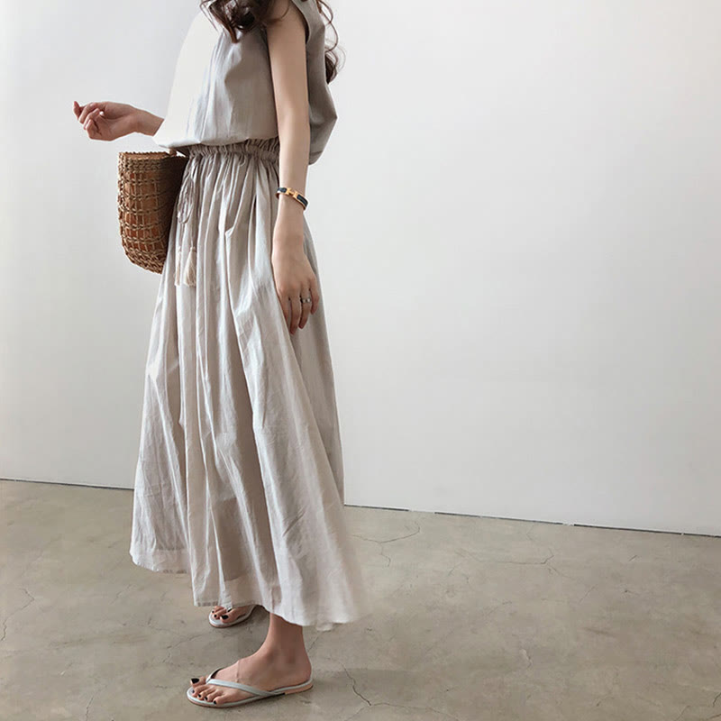 Buddha Stones Lässiges Midikleid aus Baumwolle und Leinen mit orientalischer Taille und Kordelzug