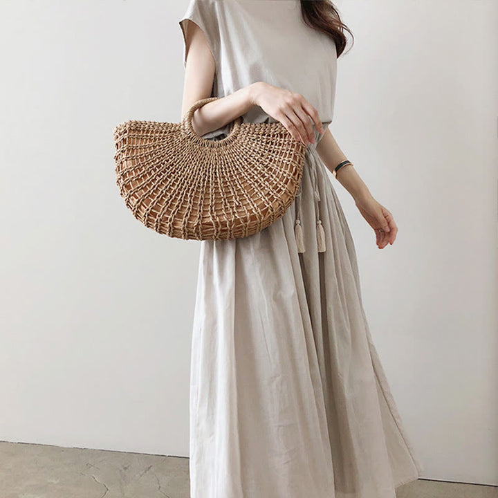 Buddha Stones Lässiges Midikleid aus Baumwolle und Leinen mit orientalischer Taille und Kordelzug