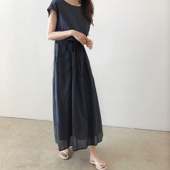 Buddha Stones Lässiges Midikleid aus Baumwolle und Leinen mit orientalischer Taille und Kordelzug