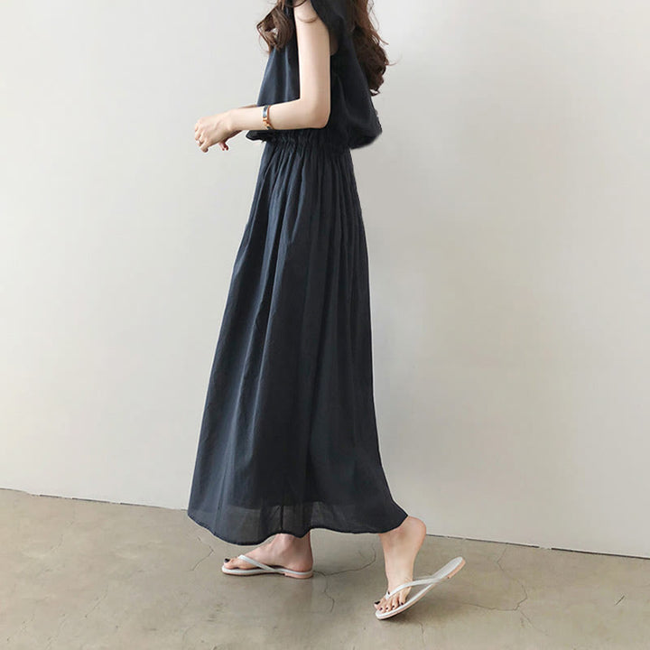 Buddha Stones Lässiges Midikleid aus Baumwolle und Leinen mit orientalischer Taille und Kordelzug