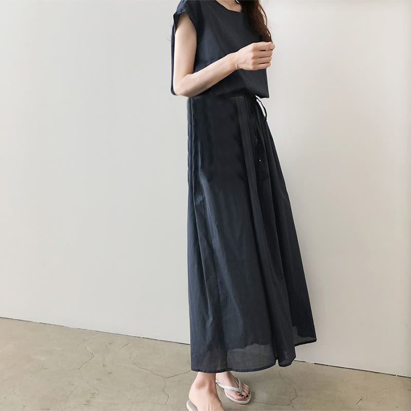 Buddha Stones Lässiges Midikleid aus Baumwolle und Leinen mit orientalischer Taille und Kordelzug