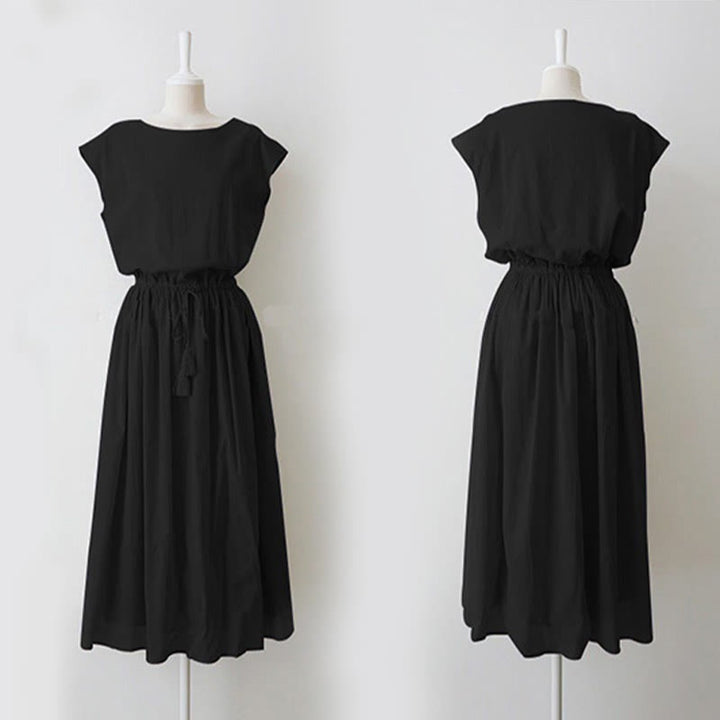 Buddha Stones Lässiges Midikleid aus Baumwolle und Leinen mit orientalischer Taille und Kordelzug