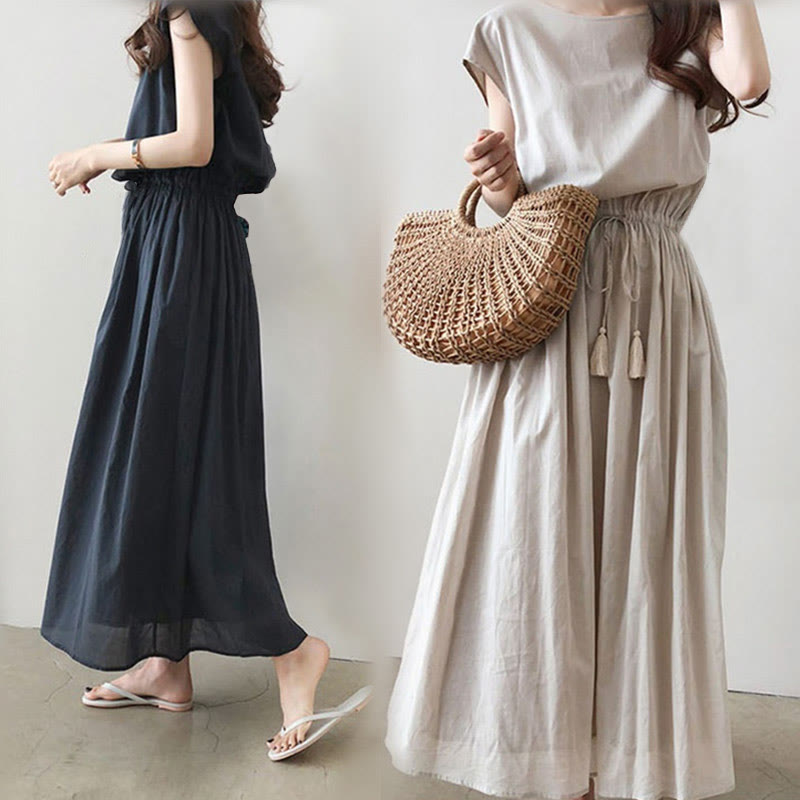 Buddha Stones Lässiges Midikleid aus Baumwolle und Leinen mit orientalischer Taille und Kordelzug