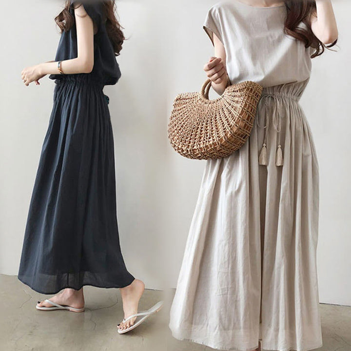 Buddha Stones Lässiges Midikleid aus Baumwolle und Leinen mit orientalischer Taille und Kordelzug