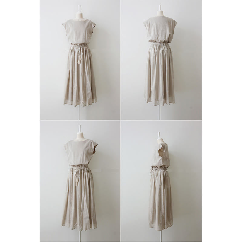 Buddha Stones Lässiges Midikleid aus Baumwolle und Leinen mit orientalischer Taille und Kordelzug