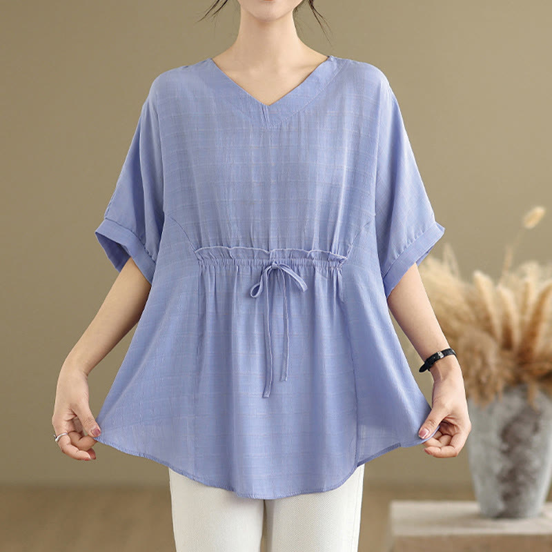 Buddha Stones Lässiges, einfarbiges Damen-T-Shirt mit halben Ärmeln und halben Knöpfen - image 1