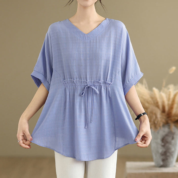 Buddha Stones Lässiges, einfarbiges Damen-T-Shirt mit halben Ärmeln und halben Knöpfen - image 1