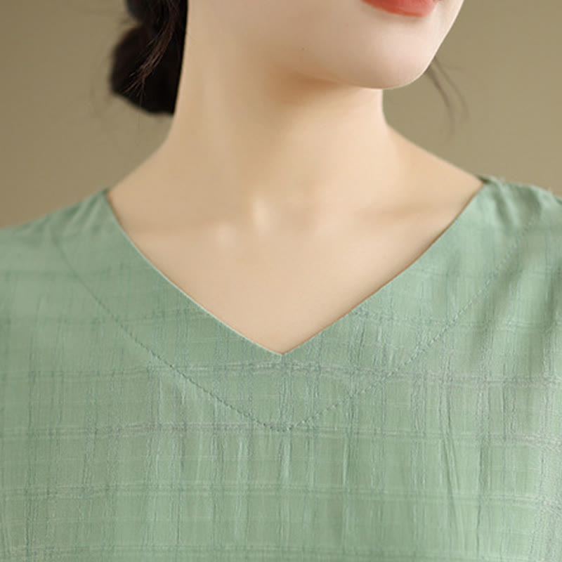 Buddha Stones Lässiges, einfarbiges Damen-T-Shirt mit halben Ärmeln und halben Knöpfen - image 19