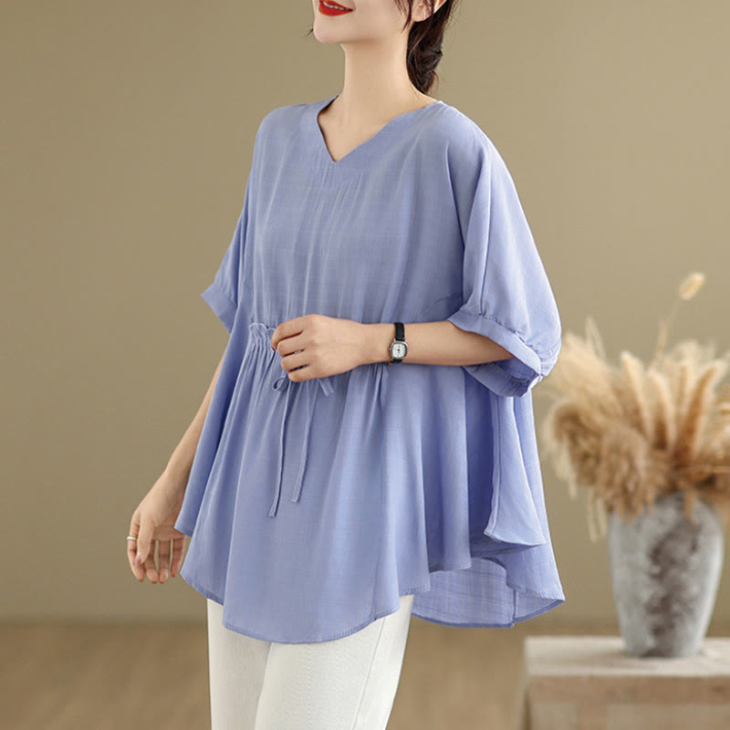 Buddha Stones Lässiges, einfarbiges Damen-T-Shirt mit halben Ärmeln und halben Knöpfen - image 3