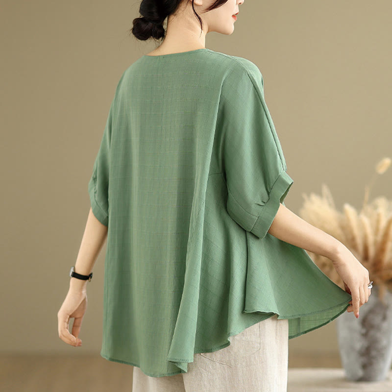Buddha Stones Lässiges, einfarbiges Damen-T-Shirt mit halben Ärmeln und halben Knöpfen - image 15