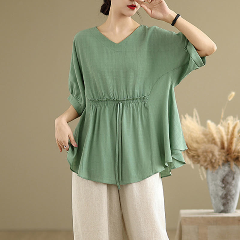 Buddha Stones Lässiges, einfarbiges Damen-T-Shirt mit halben Ärmeln und halben Knöpfen - image 18