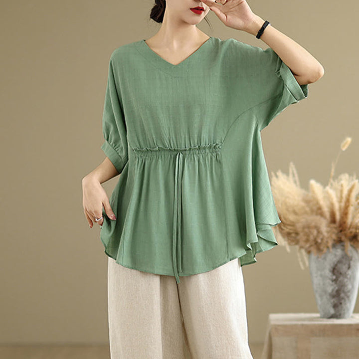 Buddha Stones Lässiges, einfarbiges Damen-T-Shirt mit halben Ärmeln und halben Knöpfen - image 18