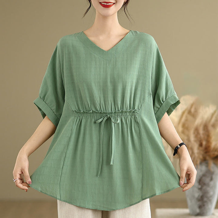 Buddha Stones Lässiges, einfarbiges Damen-T-Shirt mit halben Ärmeln und halben Knöpfen - image 13