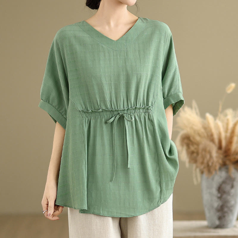 Buddha Stones Lässiges, einfarbiges Damen-T-Shirt mit halben Ärmeln und halben Knöpfen - image 16