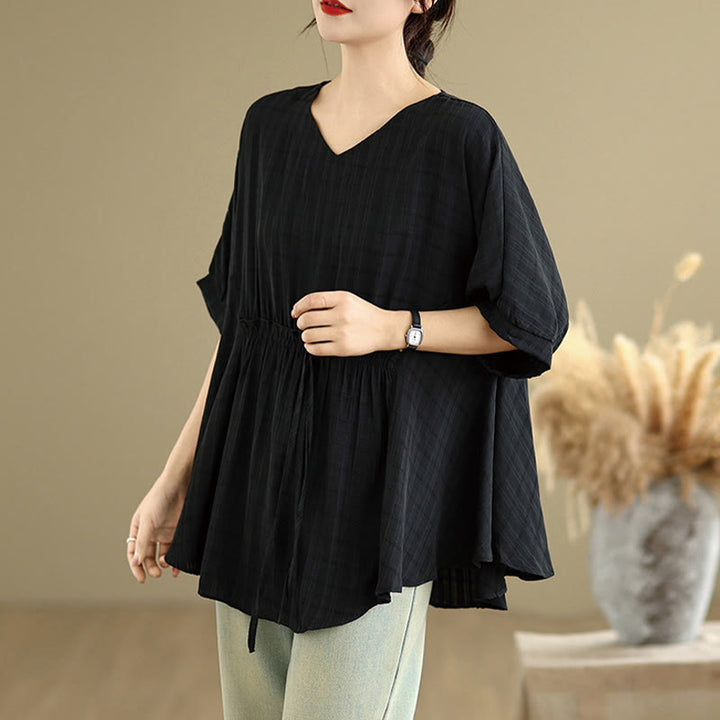 Buddha Stones Lässiges, einfarbiges Damen-T-Shirt mit halben Ärmeln und halben Knöpfen - image 8