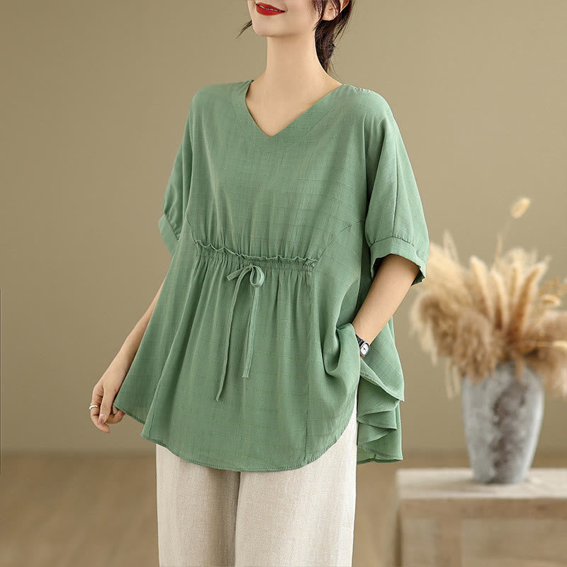 Buddha Stones Lässiges, einfarbiges Damen-T-Shirt mit halben Ärmeln und halben Knöpfen - image 14