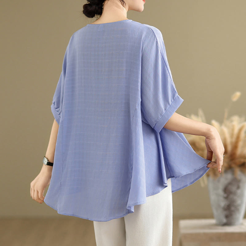 Buddha Stones Lässiges, einfarbiges Damen-T-Shirt mit halben Ärmeln und halben Knöpfen - image 4