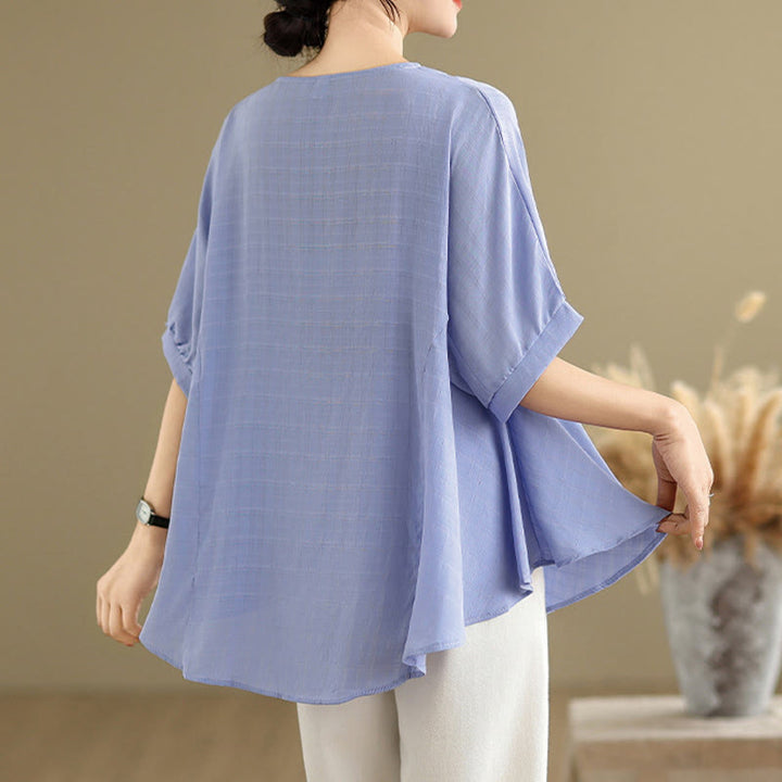 Buddha Stones Lässiges, einfarbiges Damen-T-Shirt mit halben Ärmeln und halben Knöpfen - image 4