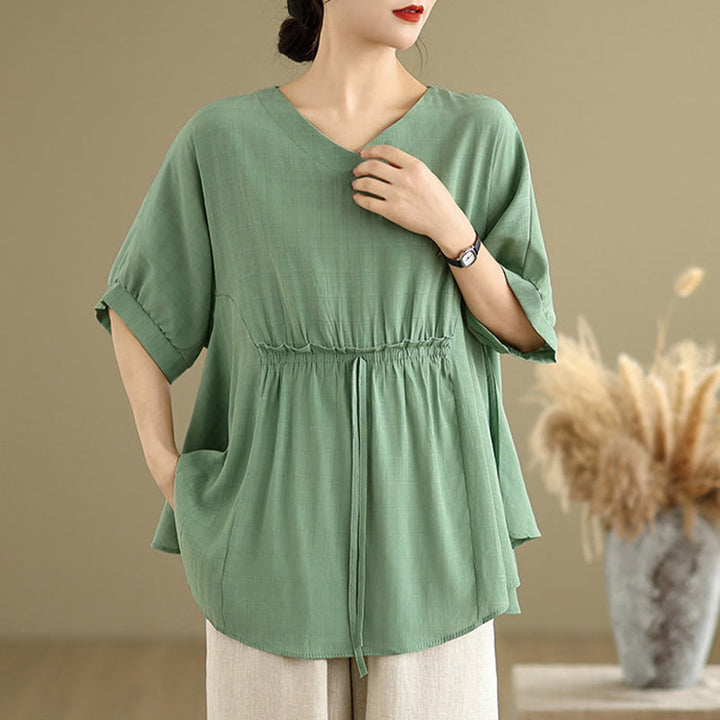 Buddha Stones Lässiges, einfarbiges Damen-T-Shirt mit halben Ärmeln und halben Knöpfen - image 17