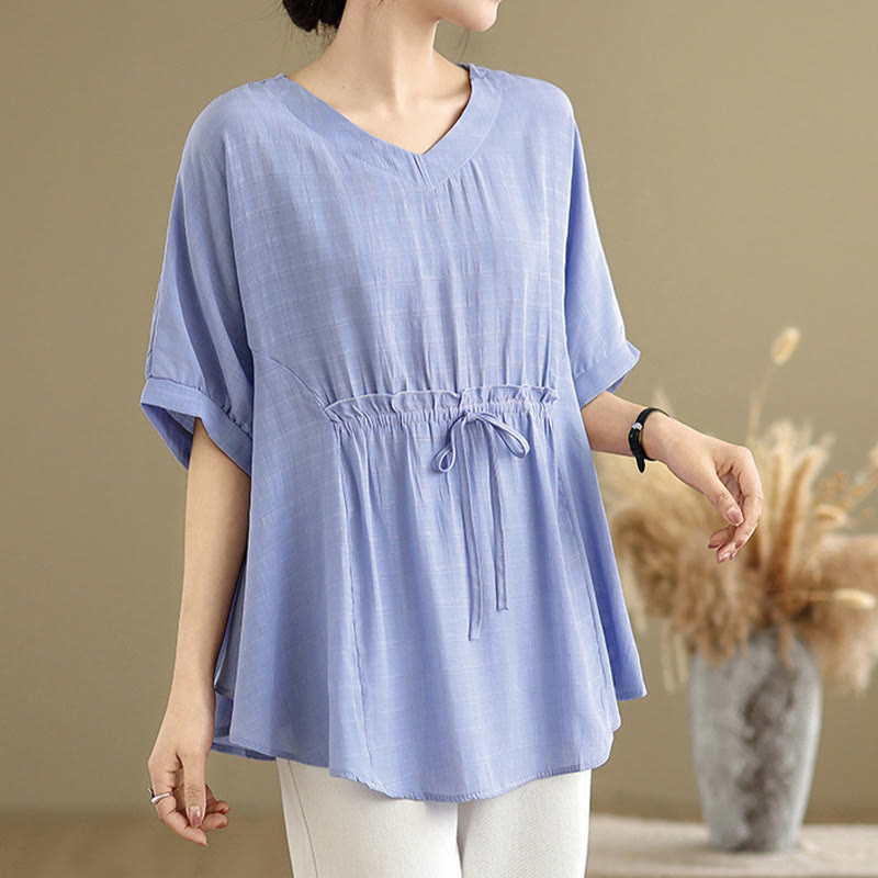Buddha Stones Lässiges, einfarbiges Damen-T-Shirt mit halben Ärmeln und halben Knöpfen - image 5