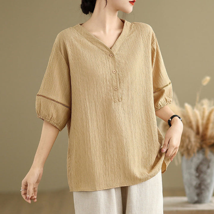Buddha Stones Sommer Casual Pure Halbe Puffärmel Halber Knopf V-Ausschnitt Damen T-Shirt